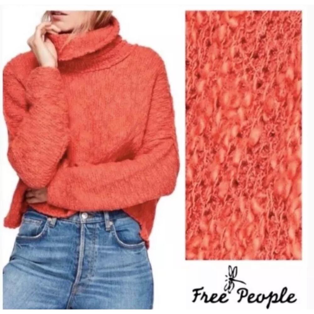Free People Women's Sweater L Slouchy Cowl Neck Orange Textured Knit Pullover